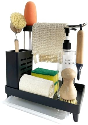 youjia Organiseur d'évier de Cuisine Support Evier avec Plateau d'égouttage Rangement sous Evier Porte-éponge Porte-Serviettes pour Eponge, Brosses de Cuisine et Salle de Bain