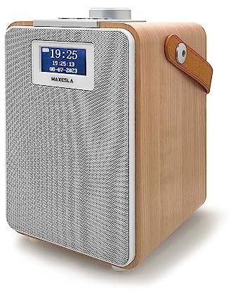 Maxesla DAB/DAB+/FM Radio with Bluetooth, Battery Powered Rechargeable Digital Radio with USB Charging, MDF Wood Effect Digital Radio with 1.8inch Screen, Headphone Socket TF Card Digital Alarm Clock