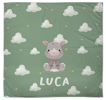 Coperta Neonato Personalizzata con Nome - Pile Polare, Disegni Diversi: Nuvole di Rinoceronte