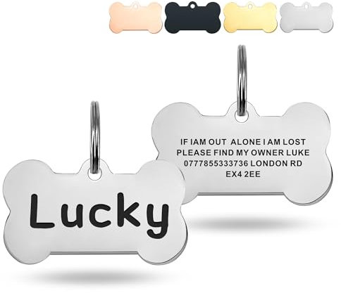 Deep Engraved Dog Tags for Pets UK Prime, Personalised Cat Dog Name ID Tags, Stainless Steel Pet Tag for Doggy Kitten Kitty Puppy, Scratch Resistant Tag (Silver Bone, S)