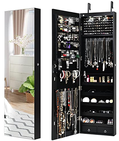 COSTWAY LED Lights Jewelry Cabinet, Door Hanging/Wall Mounted Jewelry Armoire with Full Length Mirror, Lockable Cosmetics Jewellery Storage Organiser Unit for Bedroom Dressing Room (Black)