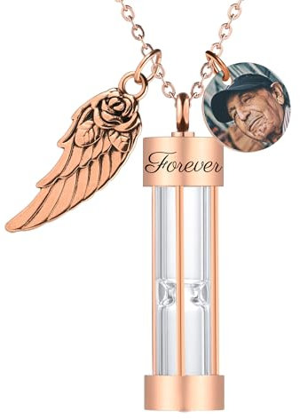 OTXIXTO Personnalisé Intemporel Sablier Cendres Collier avec Gravé Texte/Aaile D'ange/Ronde Photo Étiquette Commémorative Crémation Urnes Bijoux Souvenirs pour Homme/Femme Cendres (A1 : Or Rose)