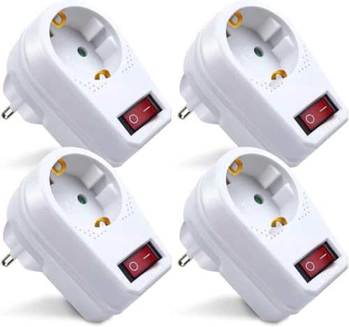 EXTRASTAR 1 Fach Steckdose mit Schalter, 4 Stück - Steckdosenleiste Weiß, Steckerleiste Max.3500W, Zwischenstecker