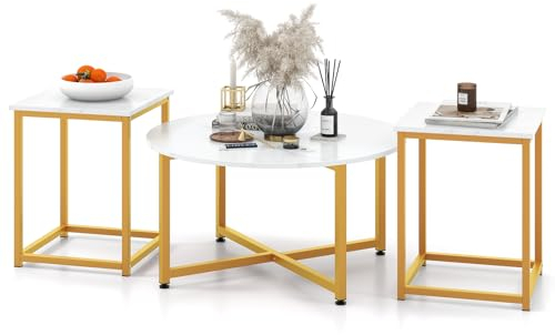 GIANTEX Lot de 3 Tables de Salon - Table Basse Avec Structure Robuste en Fer, 1 Ronde et 2 Carrées, Pieds Réglables (Blanc)