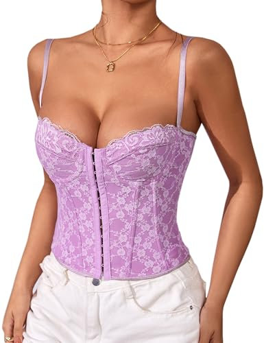 HUXRAKV Donna Eleganta Pizzo Bustier con Fibbia Cinghia Spaghetti Fronte Aperto Disossato Anello In Acciaio Avvolgere Busto Canotta a Nastro Corsetto Bodyshaper Uscire Bustino Top,Viola,M