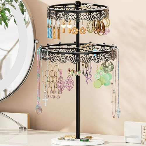 EKNITEY Jewelry Earring Holder Organiser - Rotating Earring Stand Tree with 250 Holes and 15 Necklaces Hang Beads - Metal Earring Tower Rack Display with Marble Base for Women Girl