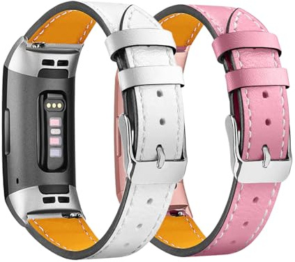 Mtozon Lederarmbänder, kompatibel mit Fitbit Charge 4/Charge 3, Ersatz-Zubehör, Armband für Damen, Weiß + Rosa