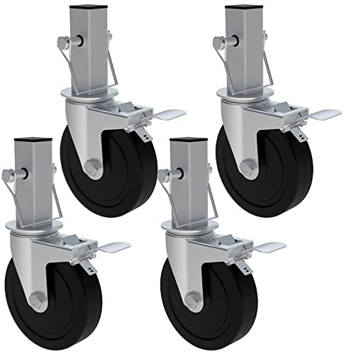 5 Inch Scaffolding Casters(4 Pack), Heavy Duty Baker Scaffold Wheels with Dual Locking Brakes, Rubber Caster Square 1-1/4Stem Replacemen, 440LBS Capacity Per Wheel