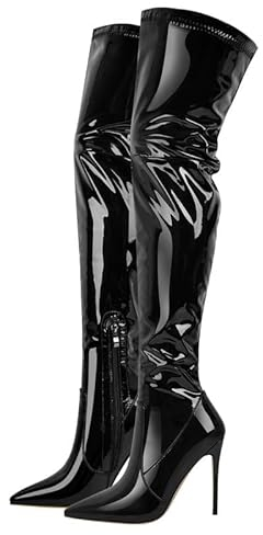 blingqueen Stivali da donna sopra il ginocchio con tacco alto elasticizzato, Pintura Nero, 42 EU