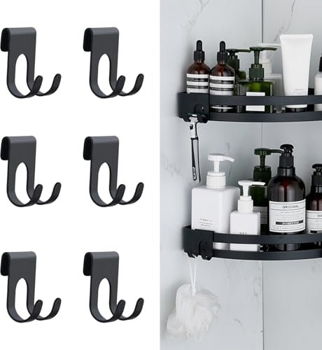 JINGEGECOME 6Pcs Shower Caddy Hooks, Razor Holder for Shower, Black Hooks for Bathroom Storage Basket,Metal Shelf Basket Rack Hooks, Hanger Bathroom Hangers Organizers