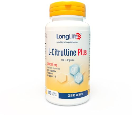 LongLife® L-Citrulline Plus | con L citrullina e L arginina rapporto 1:1 | Ossido nitrico | Energia per lo sport | 100 capsule vegetali | Senza glutine e vegano