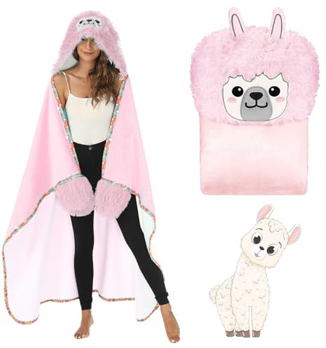 Bocguy Alpaka Decke, Rosa Tragbare Decke Alpaka Geschenk, Lama Alpaka Sofadecke Kuscheldecke, Flauschig Hooded Blanket mit Knöpfen für Frauen Erwachsene und Kinder 162x120cm