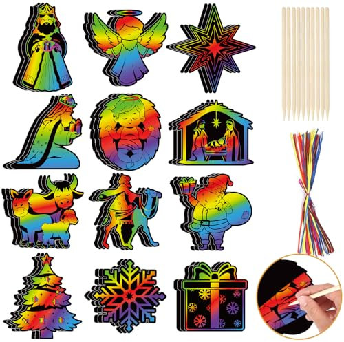 DPKOW 36 x Krippe Weihnachten Kratzbilder für Kinder Scratch Painting, Weihnachtskrippe Kratzpapier Regenbogen für Kinder Basteln Krippe Weihnachten Deko Geschenk, Jesus Engel Heilige Schneeflocke