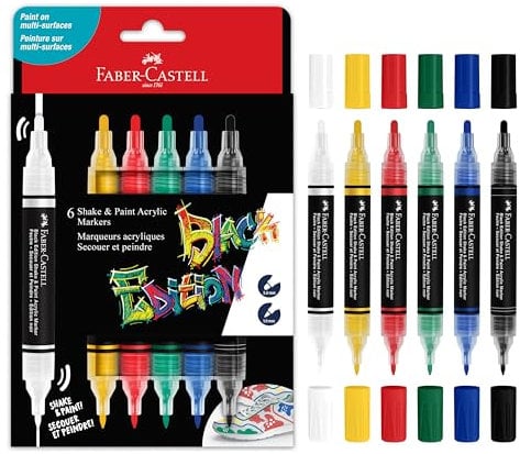 Faber-Castell 285507 Black Edition Shake & Paint Marqueurs Acryliques, Ensemble de 6 marqueurs couleurs de base, Double pointe 3mm & 1mm, Imperméables, Marqueurs Acryliques Multi-Surfaces