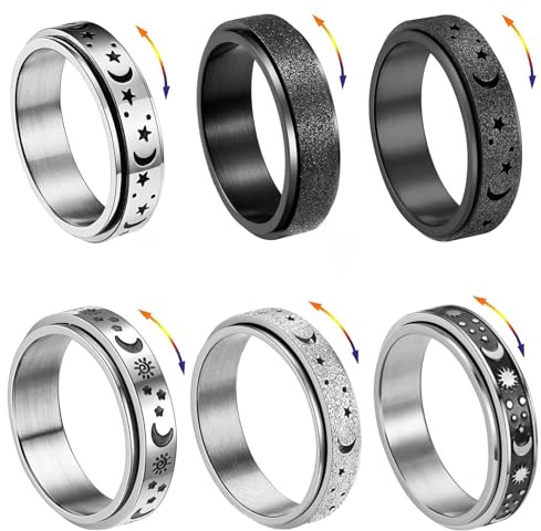 LOCCY 6 Stück Edelstahl Spinner Ringe für Damen Herren Mond und Sterne Drehbarer Edelstahl Ring Spinner Ring Set Silber/Black Freundschaftsringe für Frauen Männer
