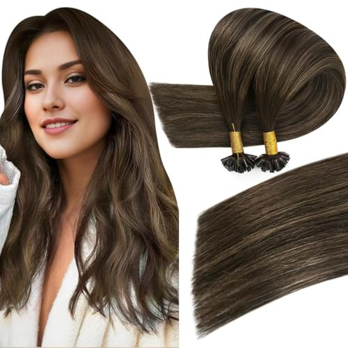 Easyouth U Tip Hair Extensions Real Human Hair Brown Balayage U Tip Extensions Human Hair Ombre Brown Nail Tip Hair Extensions Remy Human Hair 14 Inch 50g 1g/Strand