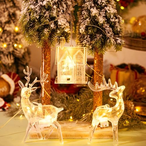 Beleuchtetes Einhorn mit Lichttafel – Exquisite Weihnachtsdeko aus Acryl, LED Kerzen für Festliche Stimmung – Weihnachtsserie mit DREI Hirschanhängern
