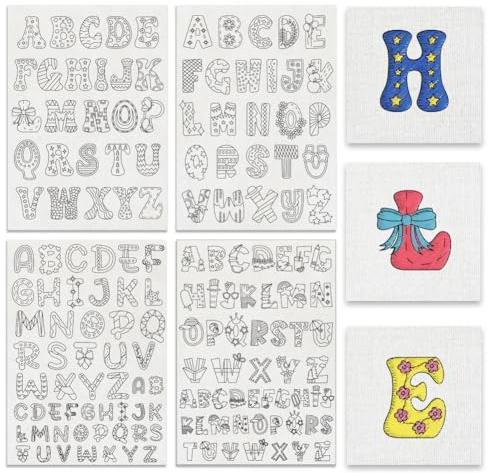 BENECREAT 4 Blatt 156 Stück Lustiges Alphabet Wasserlösliche Nähstabilisatoren Für Die Hand, 6 Stile A ~ Z Buchstaben Abreißbare Wasserlösliche Stickmuster Für Hemden Mäntel Taschen Handtücher