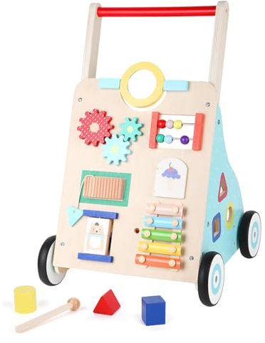 Asweets Lauflernwagen Baby, Montessori Holzspielzeug Baby Walker mit Spiegel und Activity Center, Multifunktion Lauflernhilfe Walking Lernwagen Für Kinder von 12-36 Monaten, Mehrfarbig