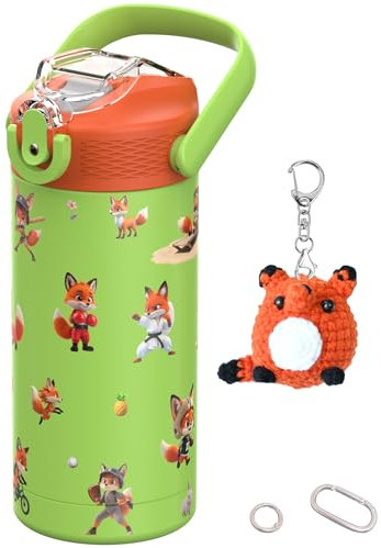 MYFOREST 400 ml Bouteille d'eau isotherme pour enfant, acier chirurgical, motif original haute résolution, compatible lave-vaisselle, badge nominatif, mousquetons (Vert clair, Renards orange)