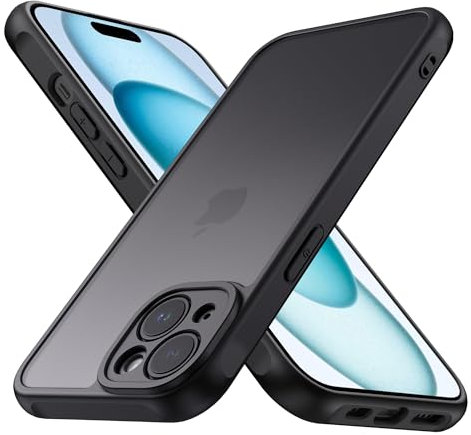 Mugust Matte Case for iPhone 15, Shockproof Military Grade Drop Protection, Frosted Translucent Back IPhone Cover, Anti-Fingerprint for IPhone 15 (Black)