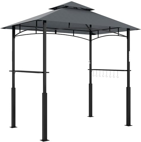 Outsunny Tonnelle de Barbecue à Deux Niveaux, auvent de réception pour Jardin, avec lumière LED, Crochet au Plafond 2 étagères latérales 240 x 150 x 250 cm Gris foncé