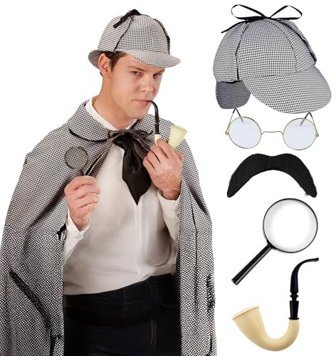 FUN FABLES Adult Victorian Detective Costume Set – Houndstooth Deerstalker Hat, Brown Pipe, Magnifying Glass, Round Gold-Frame Glasses & Mustache – Classic Fancy Dress Accessories for Men & Women