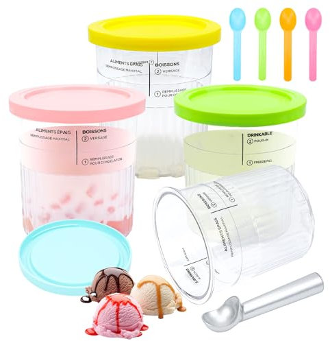 4 Stück Behälter für Ninja Creami Deluxe Pints mit Löffel und Deckel, 680 ml Pint-Behälter Kompatibel mit NC501, NC500 Serie - BPA-frei, Spülmaschinenfest