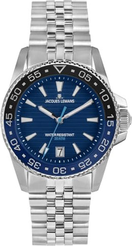 JACQUES LEMANS 1-2205I Herrenuhr Liverpool Diver mit Glieder Edelstahlarmband 41 MM Datum 20 ATM