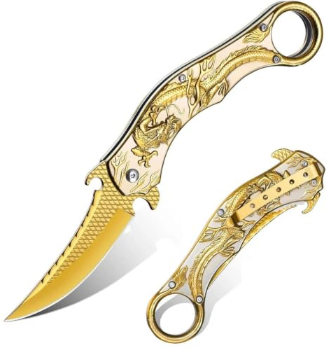 Dream Reach Drachenmuster Klappmesser, Cool Outdoor Taschenmesser Gold | Cool, 3D Drachen-Prägung, in Geschenkbox für Männer, für Outdoor Camping, Gold