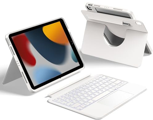 HOU Combo Clavier iPad 9e génération (10,2 Pouces, 2021)/8e/7e génération/Air 3/Pro 10.5,Trackpad Multi-Touch, Rétroéclairage 7 Couleurs, Rotatif & Amovible,Modes Portrait/Paysage,Blanc