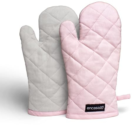 Encasa XO Guanti da forno in cotone resistente al calore (Set di 2) - 17x29 cm - Per la cucina, cucinare e cuocere al forno, sicuro maneggiare pentole e padelle bollenti - Rosa chiaro e grigio chiaro