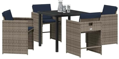 vidaXL Garten Essgruppe 5 STK. Grau Poly-Rattan | Aus stabilem PE-Rattan und Stahl gemacht, Mit dicken Kissen für max Chill, Rückenlehne klappt zum einfachen Verstauen runter