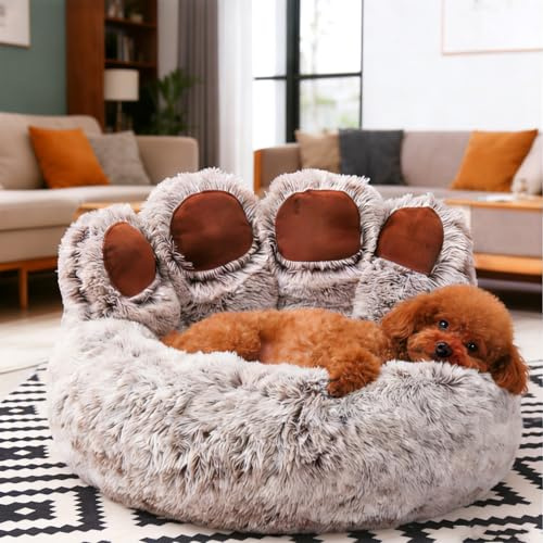 65cm Ø Flauschig Hundebett Katzenbett Bärentatzen-Design Hundekissen Katzenkissen Waschbar Hundekorb Katzenkorb Plüsch rutschfest Haustierbett Warm Schlafplatz für kleine mittelgroße Hunde/Katze/Hasen