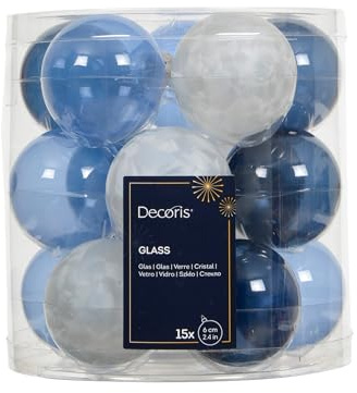 Kaemingk Weihnachtskugeln Glas 6cm 15 Stück - glänzend & transparent - Christbaumkugeln Weihnachtsbaumkugeln für Weihnachten - Christbaumschmuck & Weihnachtsbaumschmuck - Blau Weiß Mix transparent