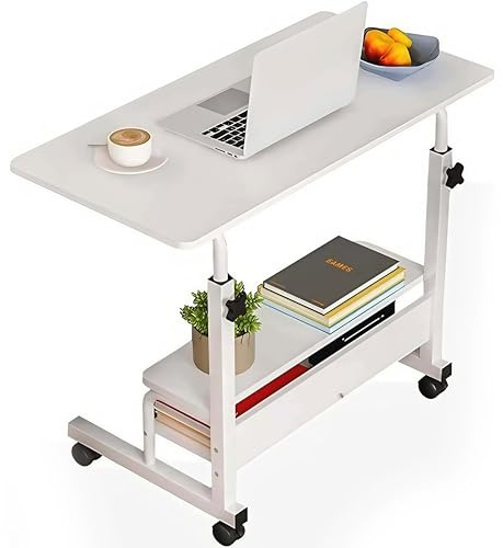NTEK Height Adjustable Overbed Table—Portable Rolling Laptop Desk with Wheels & Storage Shelves—Mobile Workstation Tray Table for Bed, Sofa, Couch, Home Office, Breakfast & Study (White)