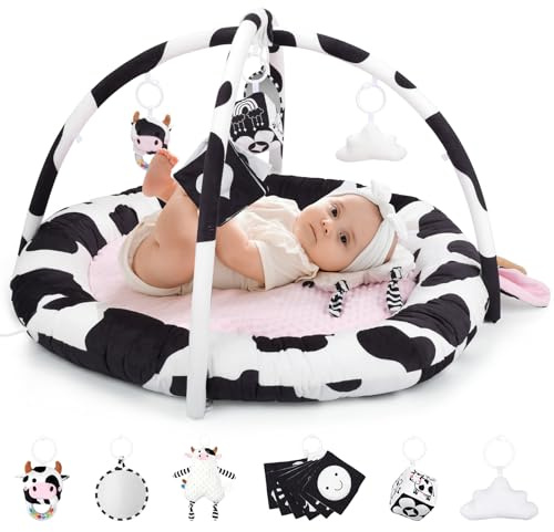 Rosa Kuh Spielbogen Baby, Spieldecke Baby mit 6 Sensorischen Spielzeugen Abnehmbarem, Extra dicke Weiche Baby Krabbeldecke mit Gym Activity Decke, Neugeborene Geschenk ab der Geburt 0-3-6-9-12 Monate