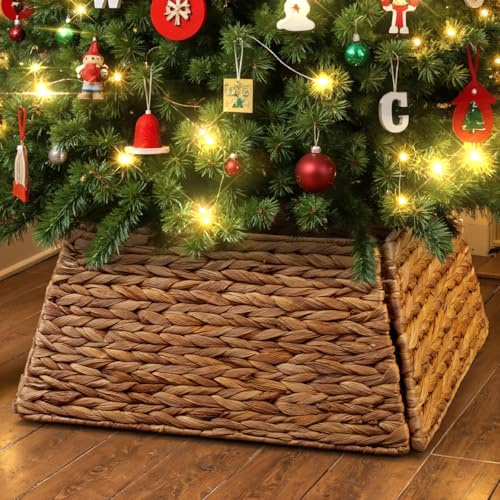 Lanpn Rattan Collar Árbol de Navidad 43cm, Cuadrado Mimbre Decorativo Falda Arbol Navidad Christmas Tree Collar para Pequeño Mini Árboles Artificiales Interior - Decoración Navideña (Original)