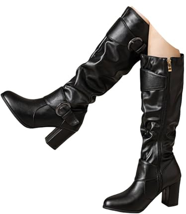 Xbemkste Stivali da donna con tacco a blocco, in pelle, con fibbia per cintura, chiusura lampo laterale, arricciati, stivali alti eleganti, lunghi, Nero , 38.5 EU