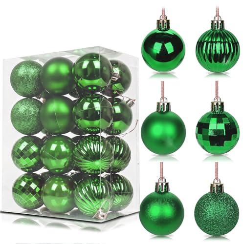 24Pcs Green Baubles for Christmas Tree, 6cm Shatterproof Plastic Christmas Balls Ornaments with Strings, 6 Design Xmas Baubles Hanging Balls for Indoor Outdoor Xmas Holiday Party Decor