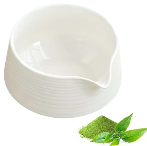 Matcha Schüssel aus Keramik, 550ml Matcha Schale mit Ausgießer, Keramik Teeschalen, Traditionelle Japanische Keramikschale Handmade, Gestreift, für Kaffee, Latte, Als Geschenk(Weiß)