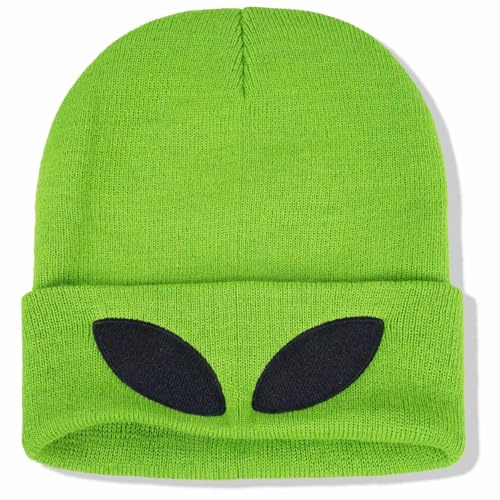 Strickmütze Alien Beanie Außerirdische Augen Mütze Alien-Hüte Mode Strickmütze Unisex Wintermütze Bestickter Mütze Hut für Herren Frauen Kaltes Winterwetter Wärme im Freien Alltagsoutfits,Grün