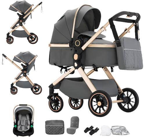 BEBBY 3-in-1 Kinderwagen KombiKinderwagen-Set 2-in-1 Buggy faltbar Luxus Hochlandschaft Neugeborenes Tragbarer Zusammenklappbarer Kinderwagen Travel System (U9-X-DARK GREY, U9-X)