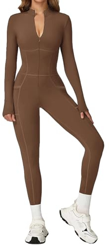Ecupper Damen Workout Jumpsuit Langarm Ski suit Einteiler | Damen Jumpsuit langarm mit Reißverschluss, Seitentaschen, Optisch schlank machende - formende Kurven, für Sport & Alltag