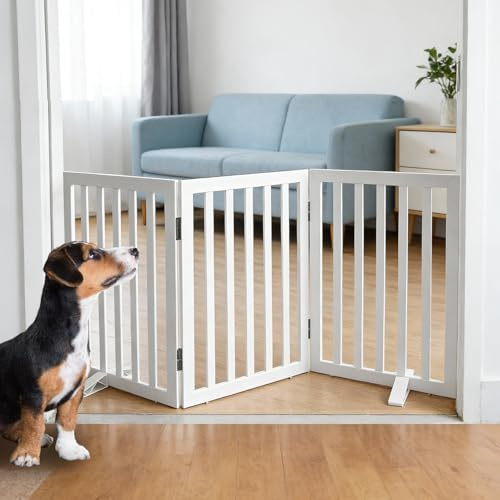 SFJC Dog Gate Indoor, Freestanding Dog Fence for The House, Doorways, Hallways,or Stairs,Pet Gate Foldable Wooden,Expandable 24 Height 3 Panels,White