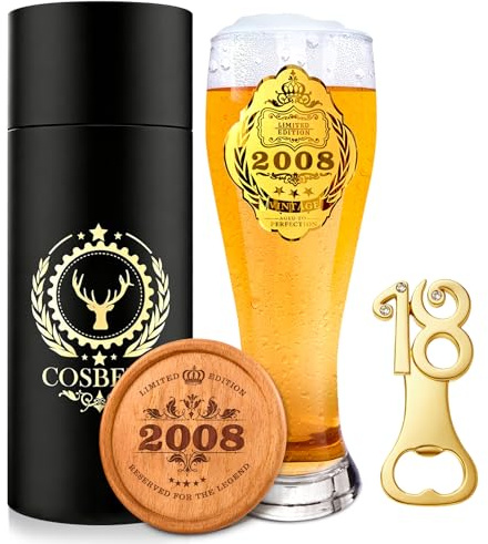 COSBERY 2008 18th Birthday Gifts for Boys Son, Personalised 18th Birthday Decoration Beer Gifts for Boys, 2008 Beer Glass 550ml, 18 Beer Bottle Opener, Wooden Coaster, Present for 18 Year Old Boy