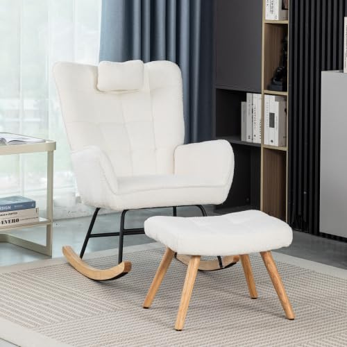 muenfly Schaukelstuhl mit Kopfkissen & Hocker, weiß | Relaxsessel mit Liegefunktion für 250 lbs, Wohnzimmer
