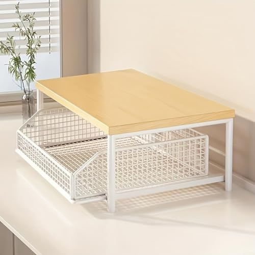 Alanmoship Mikrowellen-Wagen aus Metall und Holz mit ausziehbarem Aufbewahrungskorb, abschließbare Rollen, kleines Küchen-Organizer-Regal für Kochtöpfe und Utensilien (weiß)