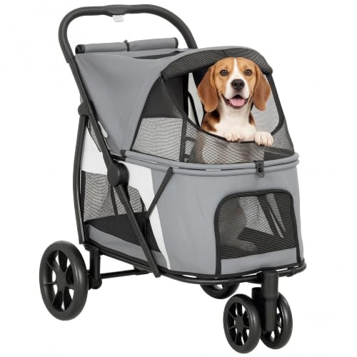 PawHut Hundewagen Faltbar bis 20 kg für mittelgroße Hunde Grau | Hundebuggy, Katzenwagen, Waschbares Kissen, Netzfenster, 3 Räder, Tür, Rückentasche, Haustierbuggy für kleine Hunde