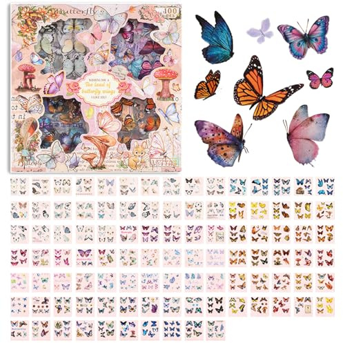 FOSDICK 1 Schachtel / 100 Blätter Sticker Schmetterlinge, Vintage Schmetterling Sticker Aesthetic, Scrapbook Stickers Schmetterling Deko Frühling, Journaling Zubehör für DIY Scrapbooking, Geschenke